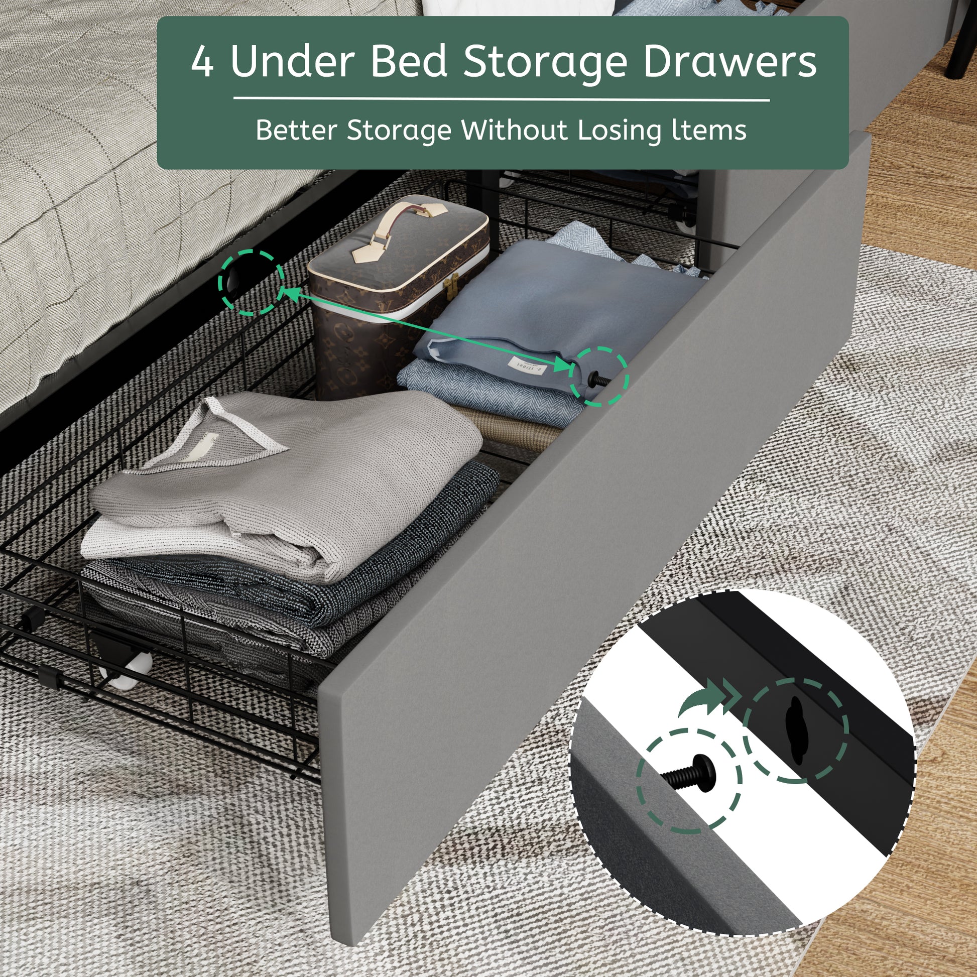 Queen Size Bed Frame With 4 Storage Drawers And 2 Usb Ports, Upholstered Platform Bed Frame With Storage Headboard Charging Station And Metal Slat Support, No Box Spring Needed, Dark Grey. Box Spring Not Required Queen Dark Grey Metal Bedroom Bed Frame