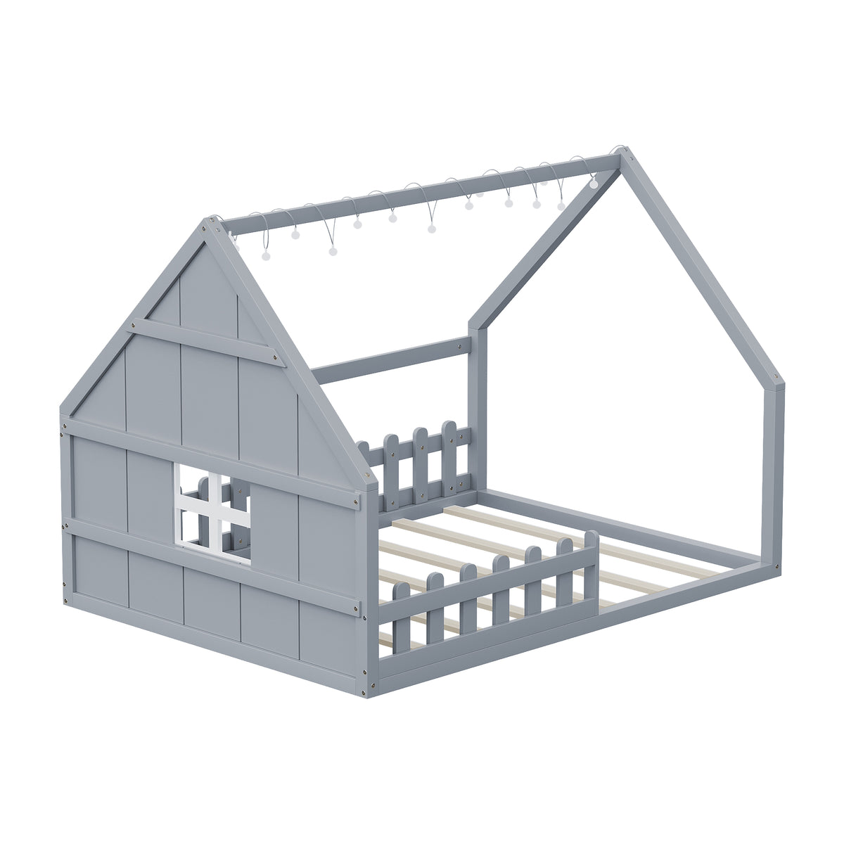 Full Size Wood House Bed With Window And Fence, Gray Old Sku: Wf304147Aae Box Spring Not Required Full Gray Wood Bedroom Pine Bed Frame Solid Wood Mdf