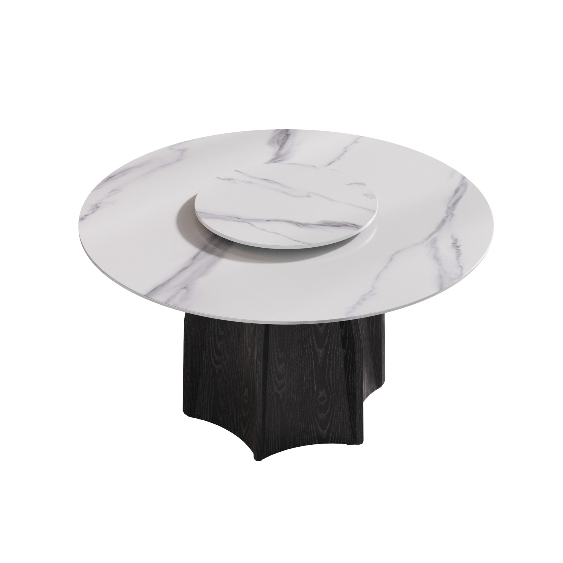 53" Round Marble Dining Table With Black Textured Solid Wood Base, Artificial Marble For 6 People, 23.62"White Artificial Stone Turntable,White Dining Table Only White Dining Room Modern Round Metal