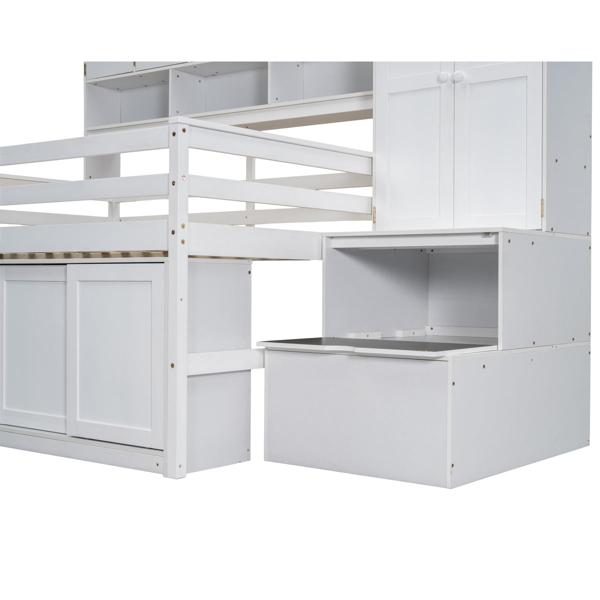 Full Size Wooden Loft Bed Big Storage With Under Bed Desk, With Drawers, With Shelves, White Full White Plywood