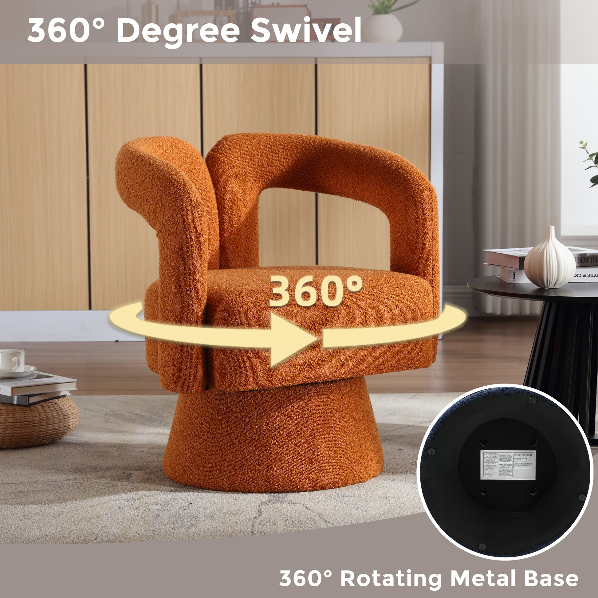 Coolmore 360 Degree Swivel Cuddle Barrel Accent Chairs, Round Armchairs With Wide Upholstered, Fluffy Fabric Chair For Living Room, Bedroom, Office, Waiting Rooms Orange Boucle Orange Foam Boucle