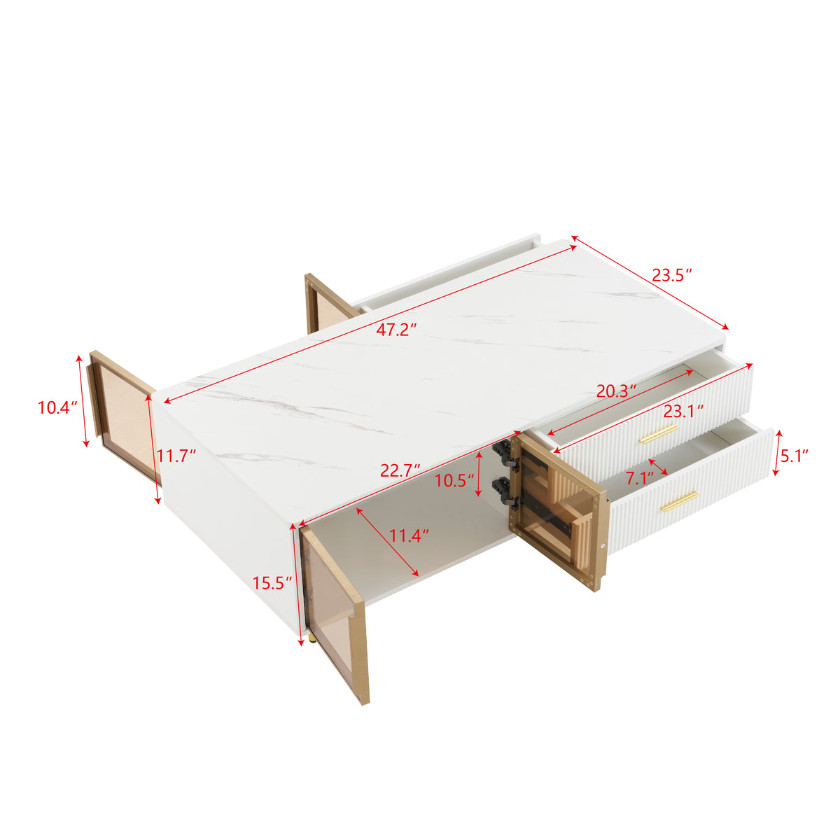 Modern White Coffee Table With 2 Glass Door Storage, 4 Drawers, Gold Metal Legs, And Multi Color Lighting In 47.2'' White Drawers Mdf