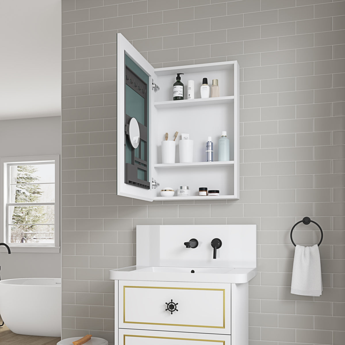 20'' W X 30'' H Bathroom Mirror Medicine Cabinet Wooden Door Medicine Cabinets For Bathroom, Wall Mounted Recessed Or Surface, Bathroom Mirror With Storage, Left Opening Door White Engineered Wood