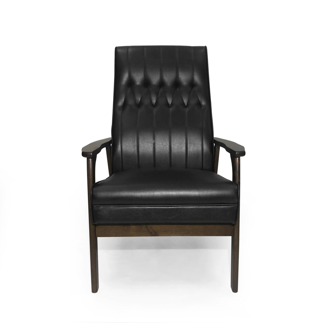 Mid Century Modern Upholstered Accent Chair, Matte Black Faux Leather Matte Black Espresso Primary Living Space Rubberwood Foam Faux Leather