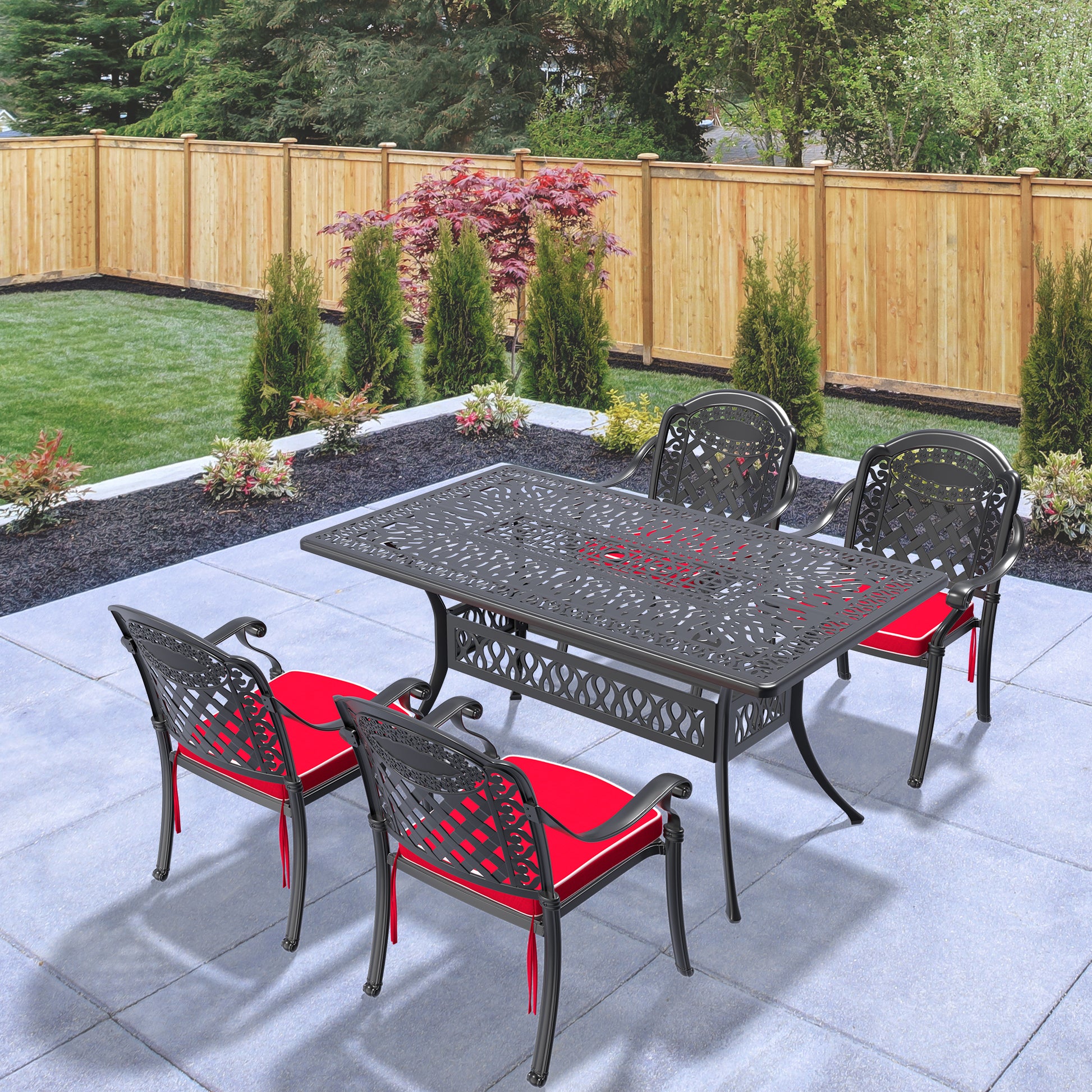 Cushions In Random Colors 5 Piece Set Of Cast Aluminum Patio Furniture With Cushions Yes Complete Patio Set Black Seats 4 Rust Resistant Frame Water Resistant Cushion Garden & Outdoor Complete Patio Sets Aluminium