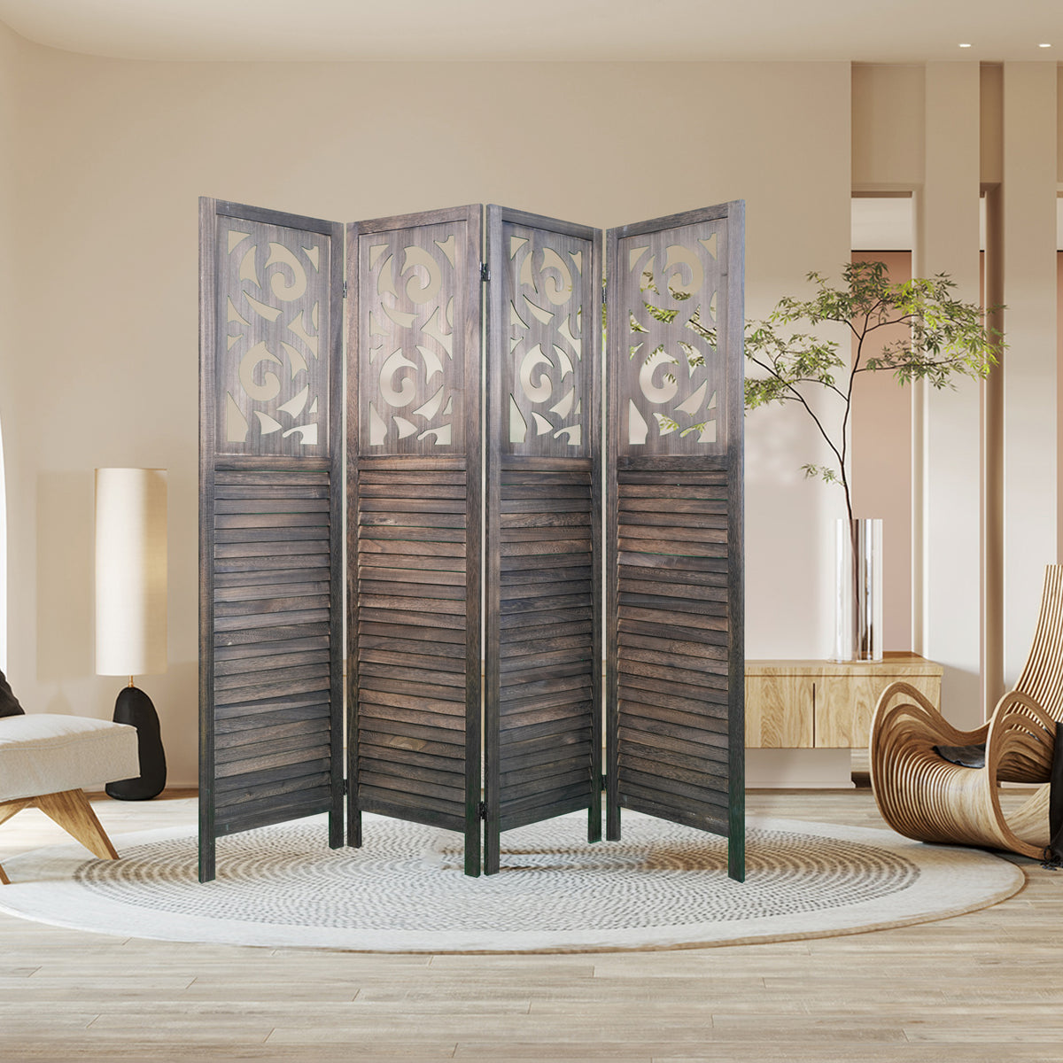 4 Panel Room Dividers, 6Ft Carved Wood Room Divider Partition Room Dividers Wall Wooden Carved Folding Privacy Screens Foldable Panel Wall Divider For Office Restaurant, Rustic Brown Rustic Brown Classic Wood