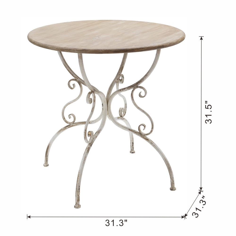 D31.5X31.5" Round Wooden Table With Metal Scrollwork Legs, White White Washed Art Deco,Boho,Farmhouse,French Country,Modern Wood Stainless Steel