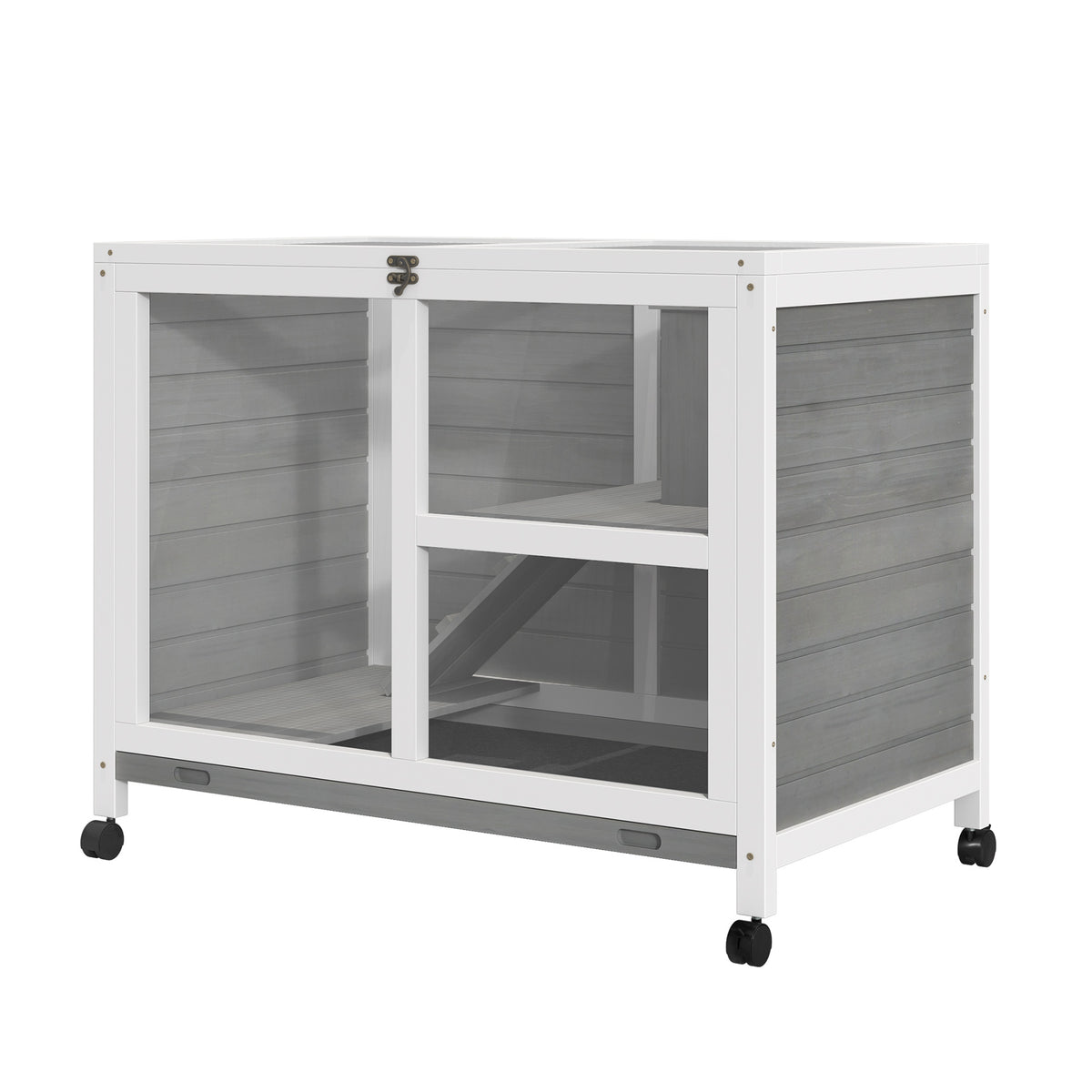 Pawhut Indoor Rabbit Hutch With Wheels, Desk And Side Table Sized, Wood Rabbit Cage, Waterproof Small Rabbit Cage, Gray Grey Wood