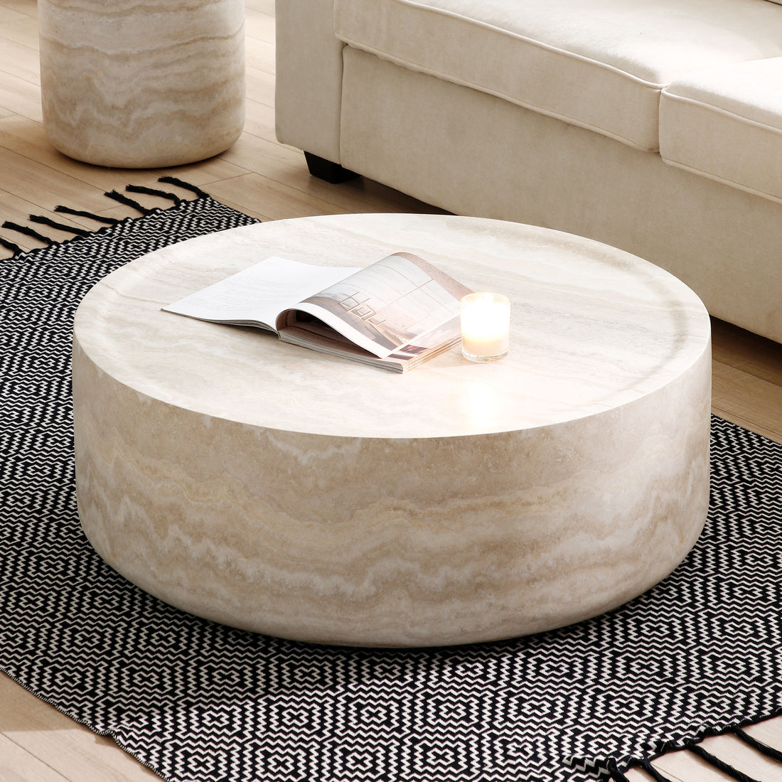 35.43'' Faux Mars Pattern Coffee Tables For Living Room Round Tea Faux Travertine Textured Table For Living Room, No Need Assembly. Marble Fiberglass