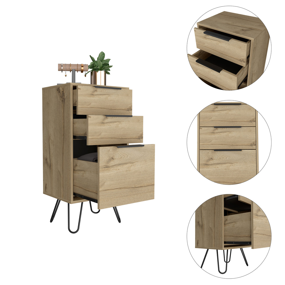London Dresser, Three Drawers, Superior Top, Hairpin Legs Beige Mdf Engineered Wood