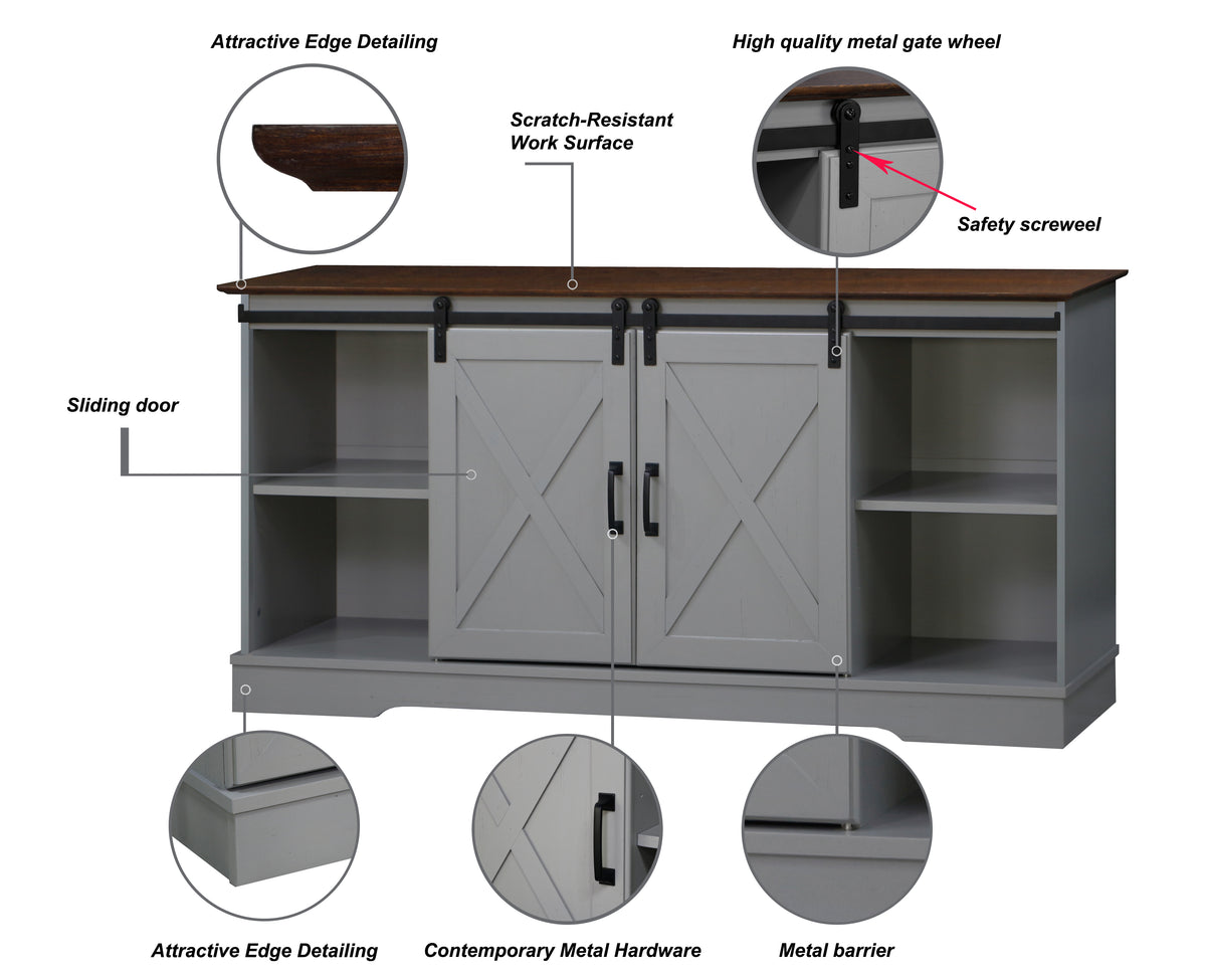 "56"" Tv Stand With 2 Barndoor" "Farmhouse Style Media Console With Barn Door Sliders Cape Code Gray And Rosewood Grain Finish, Multipurpose Entertainment Center" Multicolor 50 59 Inches Solid Wood