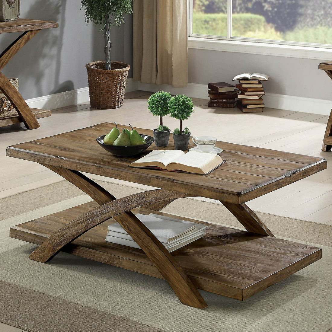 Transitional 3Pc Table Set Occasional Tables Living Room 1X Coffee Table And 2X End Tables Plank Style Top Antique Light Oak Light Oak Primary Living Space Antique,Contemporary,Modern,Rustic,Transitional Rubberwood Open Storage Rectangular Coffee & End