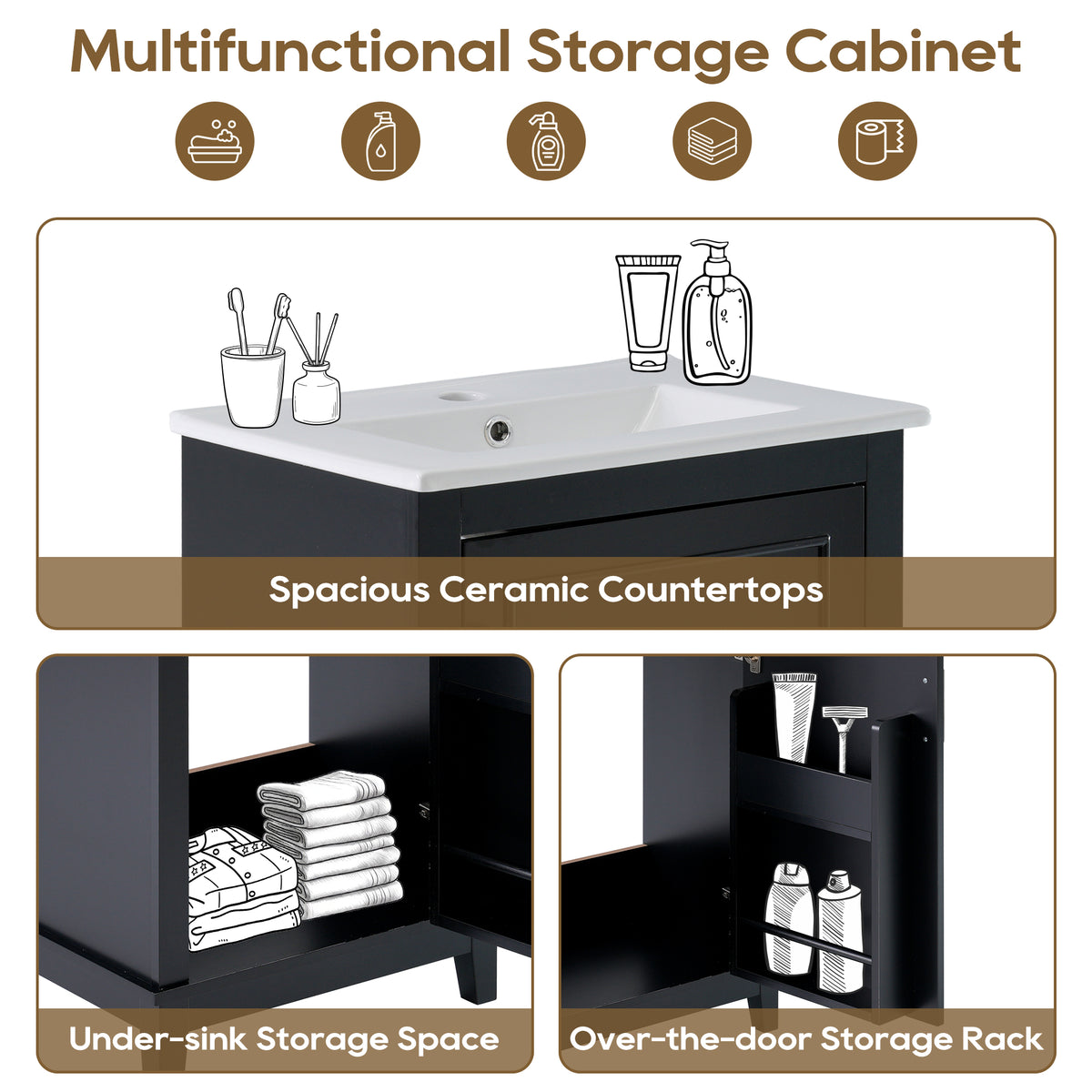 Viedo 20 Inch Modern Small Bathroom Vanity Cabinet With Ceramic Basin 20*15.5*33.3 Inches,Ample Storage,1 Soft Close Door Black Bathroom Solid Wood Mdf