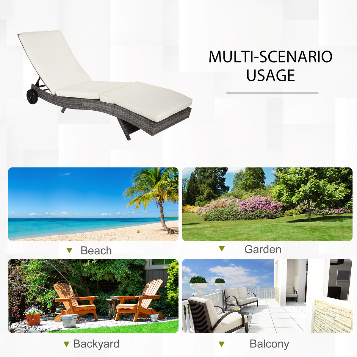 Outsunny Wicker Chaise Lounge Pool Chair, Outdoor Pe Rattan Cushioned Patio Sun Lounger W 5 Level Adjustable Backrest & Wheels For Easy Movement, Cream White Cream White Rattan