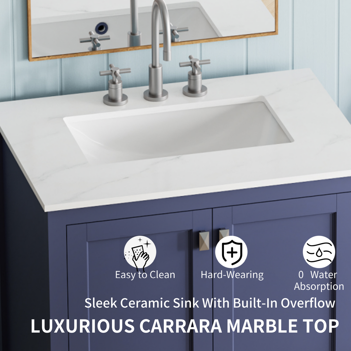 30 Inch Freestanding Bathroom Vanity With Sink, Carrara Engineered Marble Vanity Top With Undermounted Rectangular Ceramic Sink, Large Storage Soft Close Door, Navy Blue 24V03 30Nb Navy Blue Wood