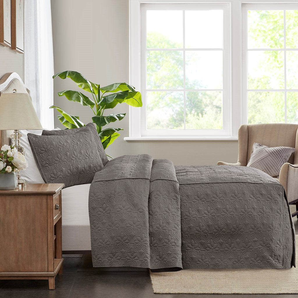 3 Piece Split Corner Pleated Quilted Bedspread Dark Grey King Dark Grey Polyester