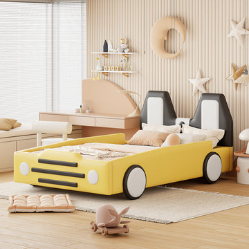 Twin Size Race Car Shaped Platform Bed With Wheels,Yellow Yellow Pu Leather