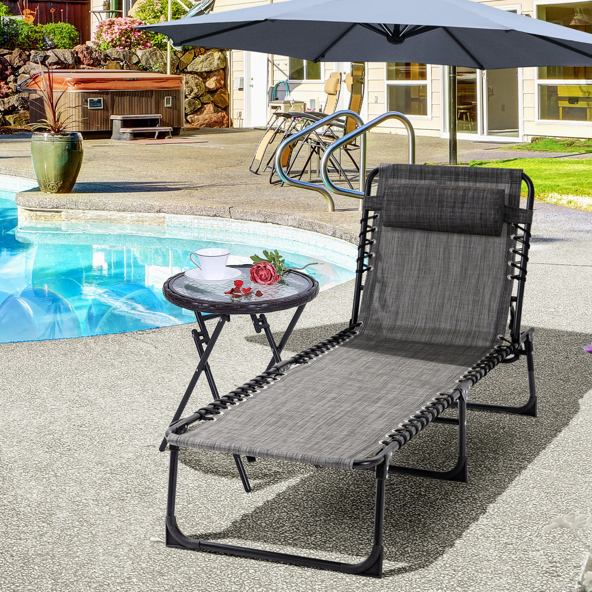 Outsunny Reclining Chaise Lounge Chair, Portable Sun Lounger, Folding Camping Cot, With Adjustable Backrest And Removable Pillow, For Patio, Garden, Beach, Grey Gray Fabric