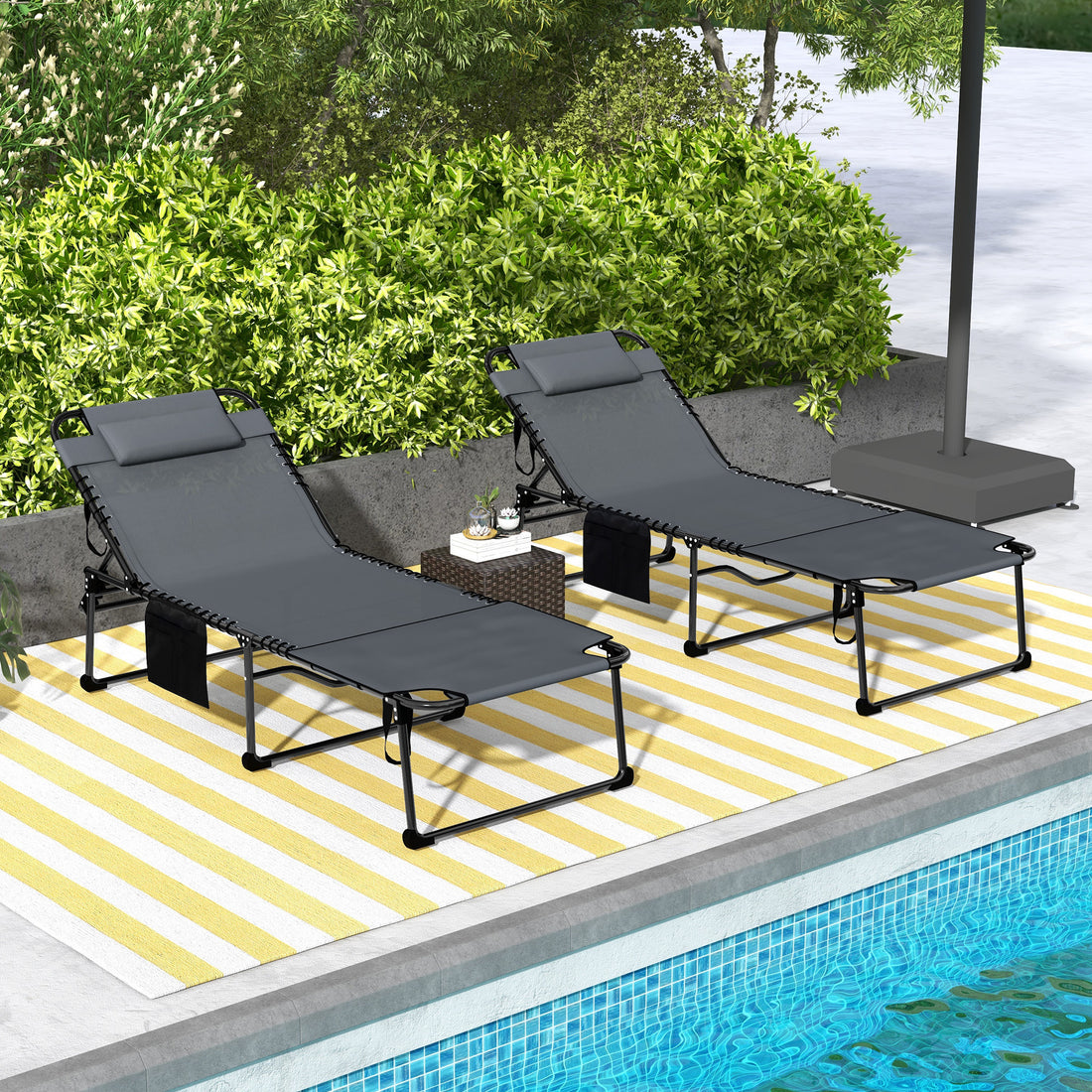 Outsunny 2 Piece Folding Chaise Lounge With 5 Level Reclining Back, Outdoor Tanning Chair With Reading Face Hole, Outdoor Lounge Chair With Side Pocket & Headrest For Beach, Yard, Patio, Gray Gray Steel
