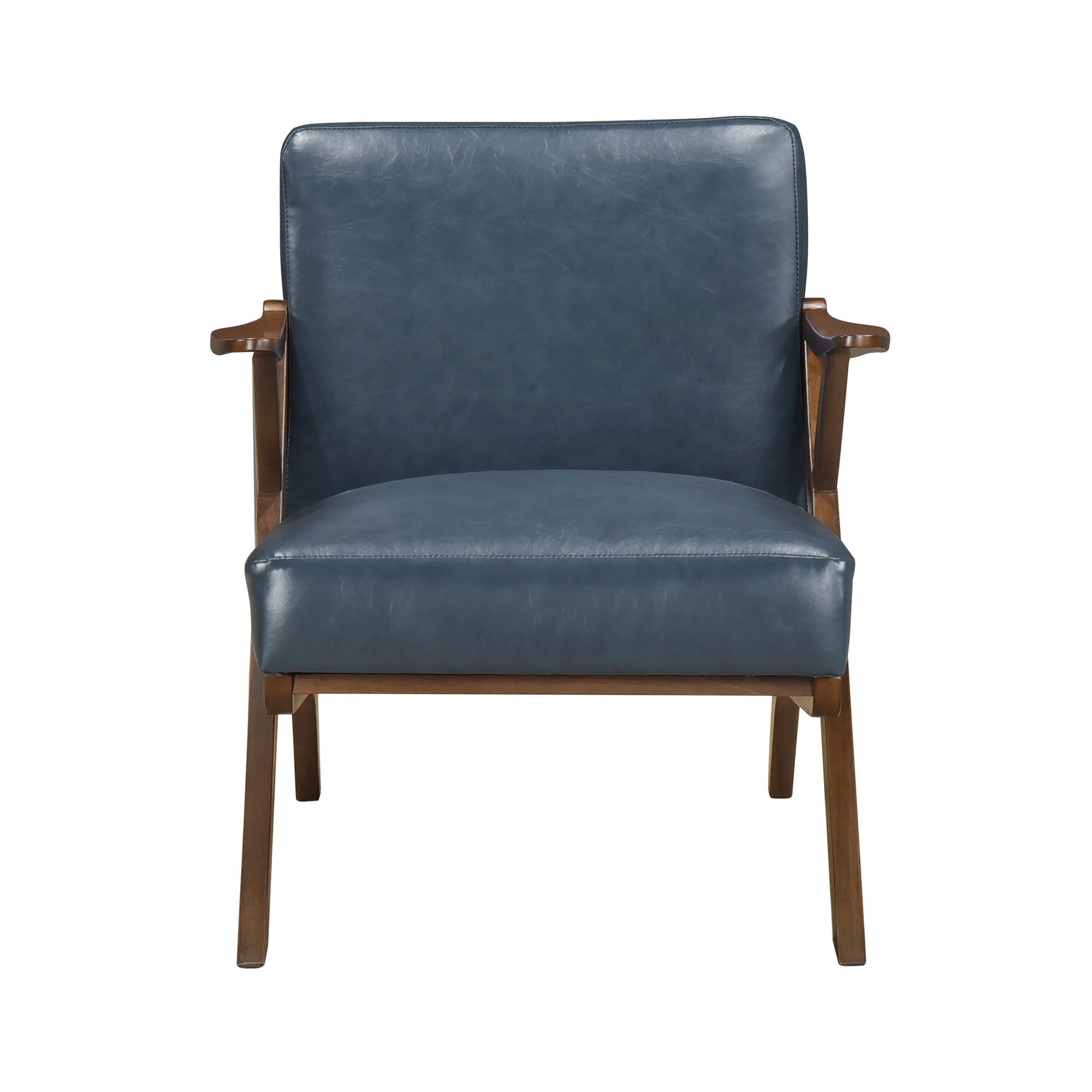Brown Finish Solid Rubberwood Frame 1Pc Accent Chair Blue Faux Leather Upholstery Living Room Furniture Blue,Brown Primary Living Space Rubberwood Solid Wood