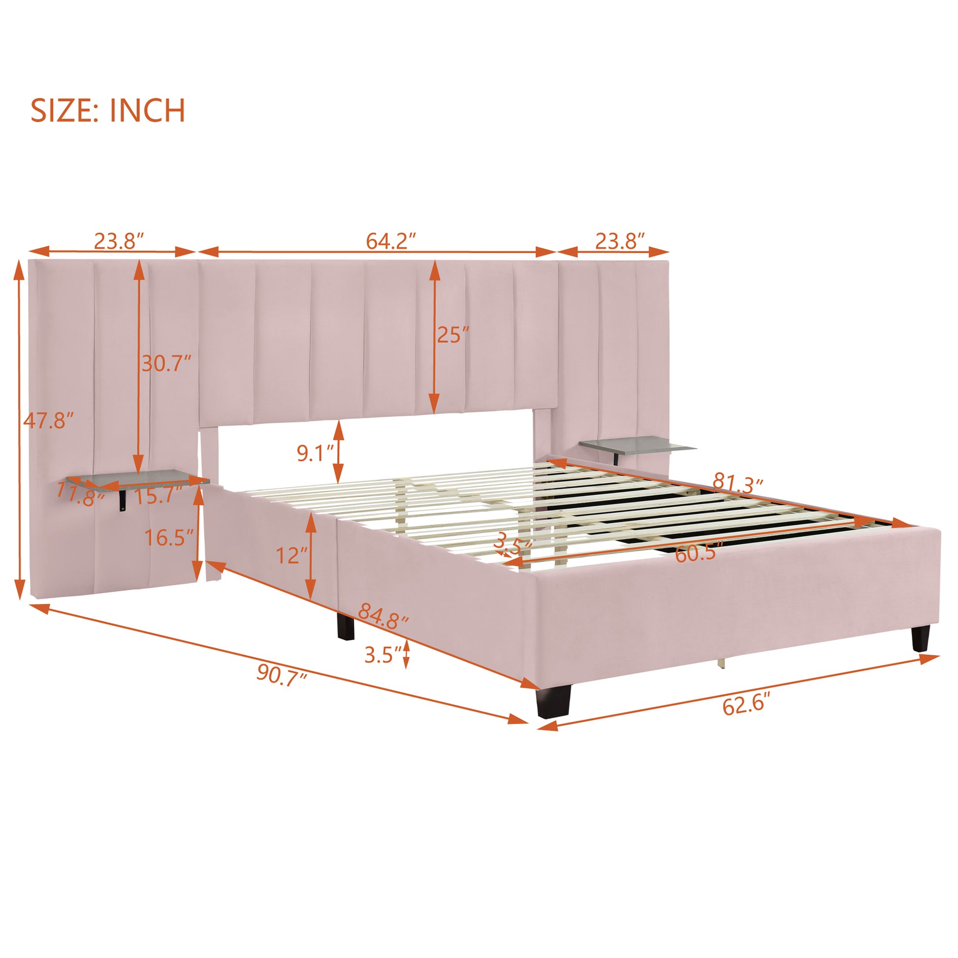 Queen Size Upholstered Platform Bed With Big Headboard, Bedroom Furniture, Velvet, Pink Queen Pink Plywood