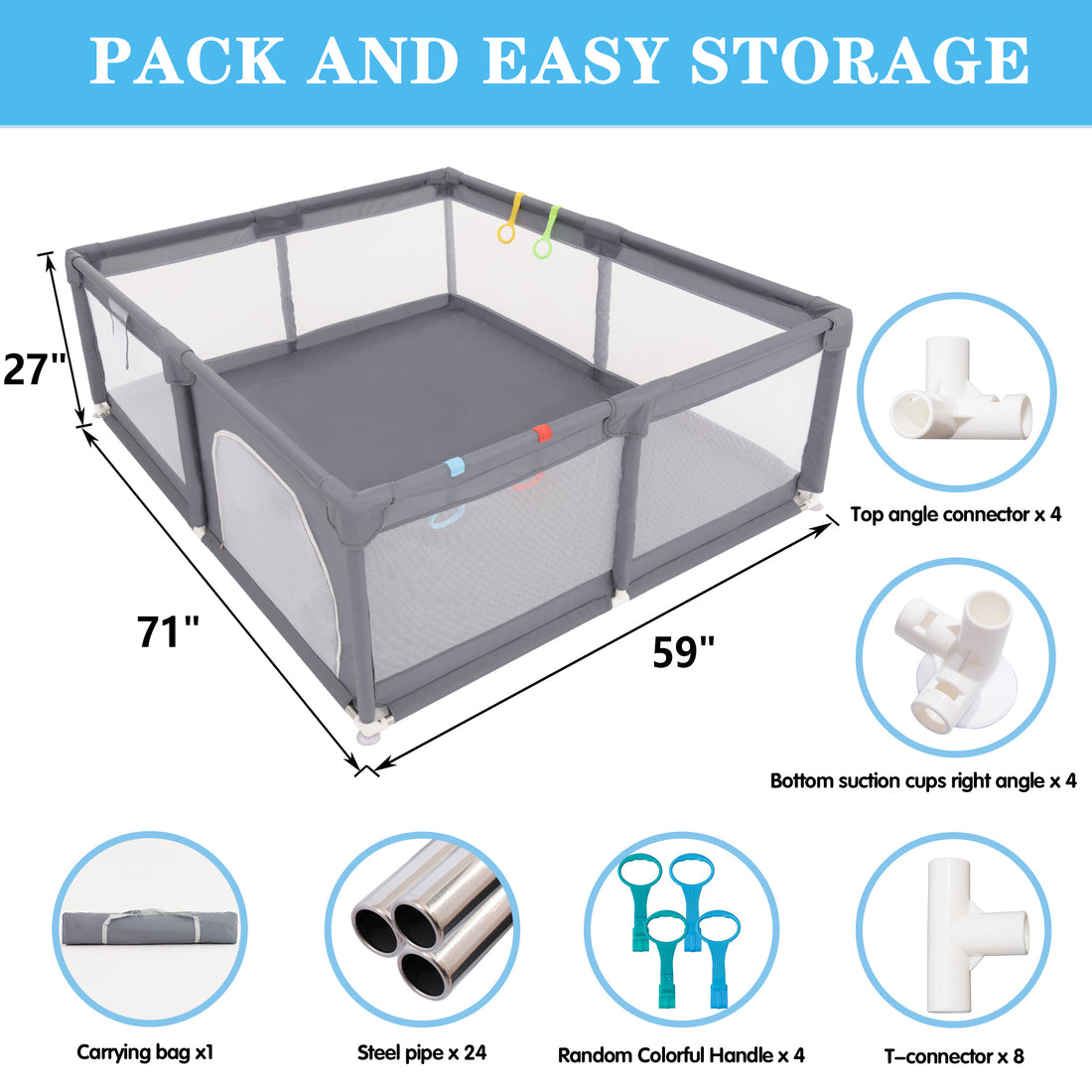 Fabric Baby Playpen, Baby Fence Play Area With Anti Slip Base Gray Fabric Metal