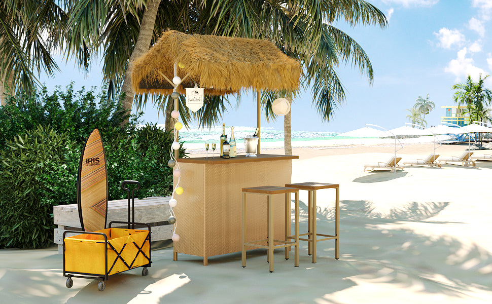 Hawaiian Style Bar Height Patio Set With Pe Grass Canopy, Outdoor Bar Table And Stools With Adjustable Feet, Acacia Wood Top, For Dining And Drinking, Natural Antique Natural Seats 2 Garden & Outdoor Wicker
