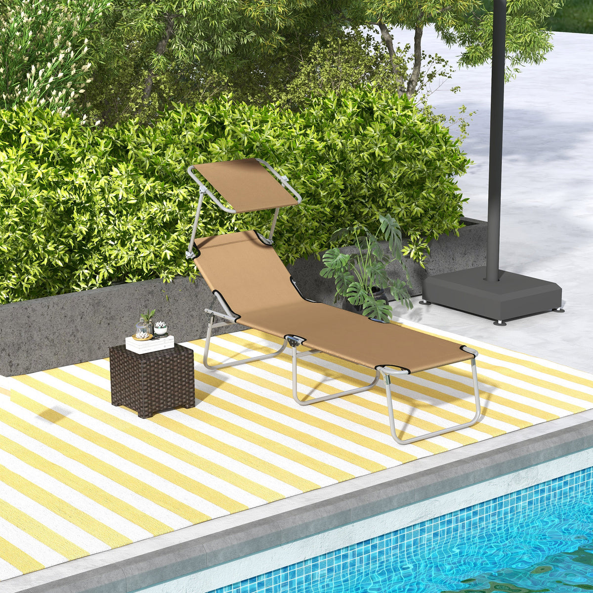 Outsunny Outdoor Lounge Chair, Adjustable Folding Chaise Lounge, Tanning Chair With Sun Shade For Beach, Camping, Hiking, Backyard, Tan Tan Steel