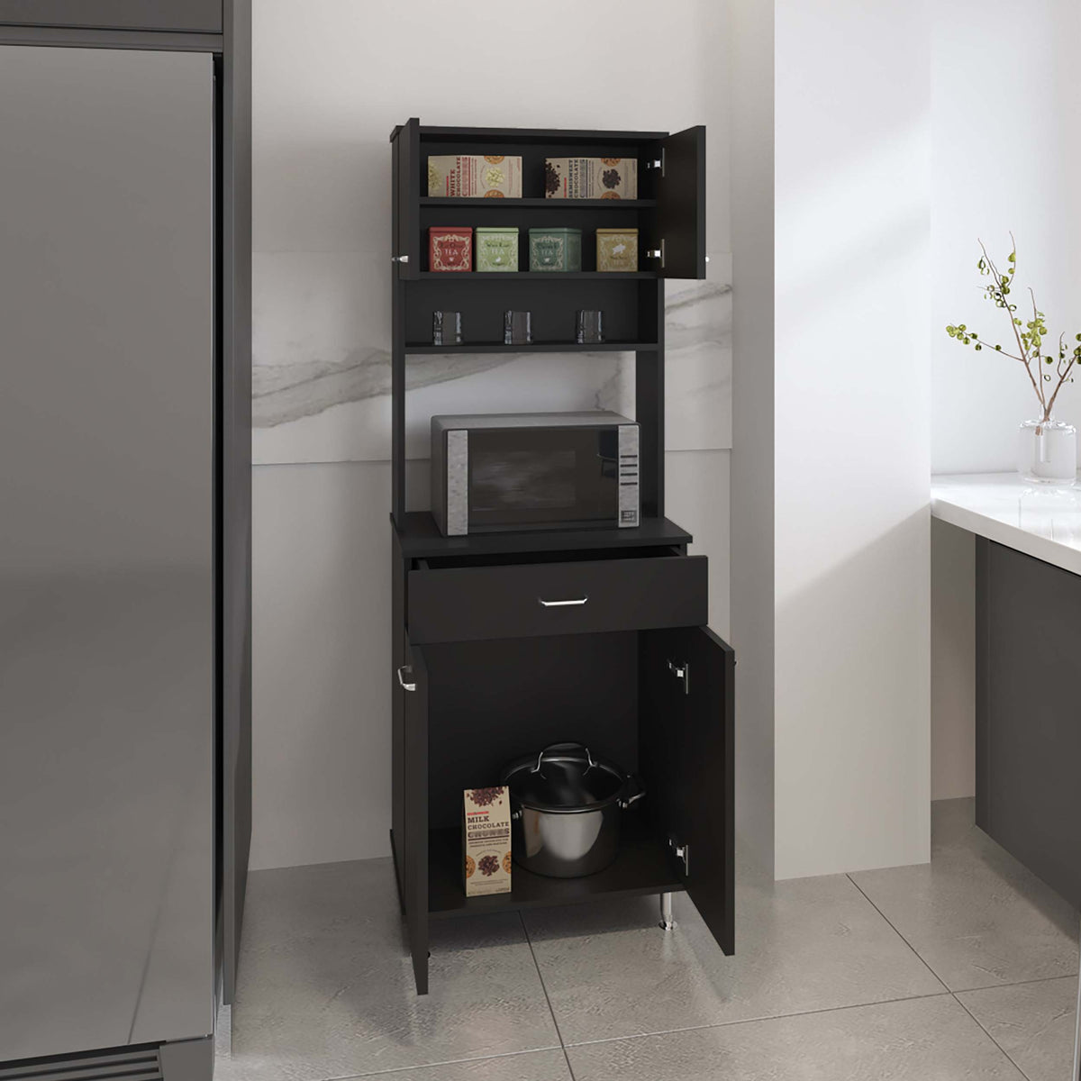 Santa Maria 1 Drawer 1 Shelf Area Pantry With Adjustable Metal Legs Black Wengue Black Particle Board