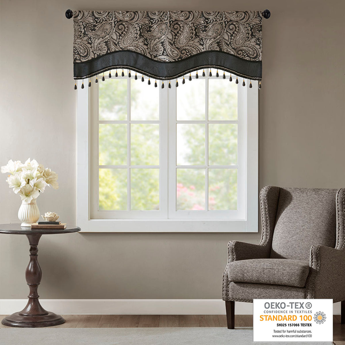 Jacquard Window Rod Pocket Valance With Beads Black 50X18" Black Polyester