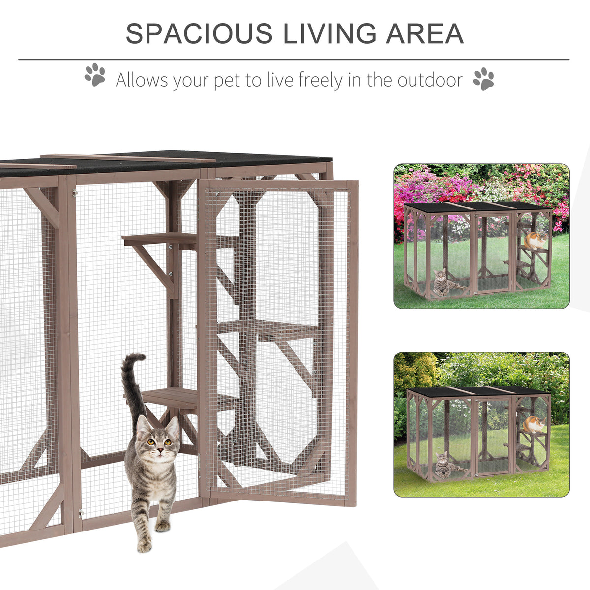 Pawhut Outdoor Cat House, Catio Wooden Feral Cat Shelter, Cat Cage With Platforms, Large Enter Door, Weather Protection Asphalt Roof, 71" L, Brown Brown Wood