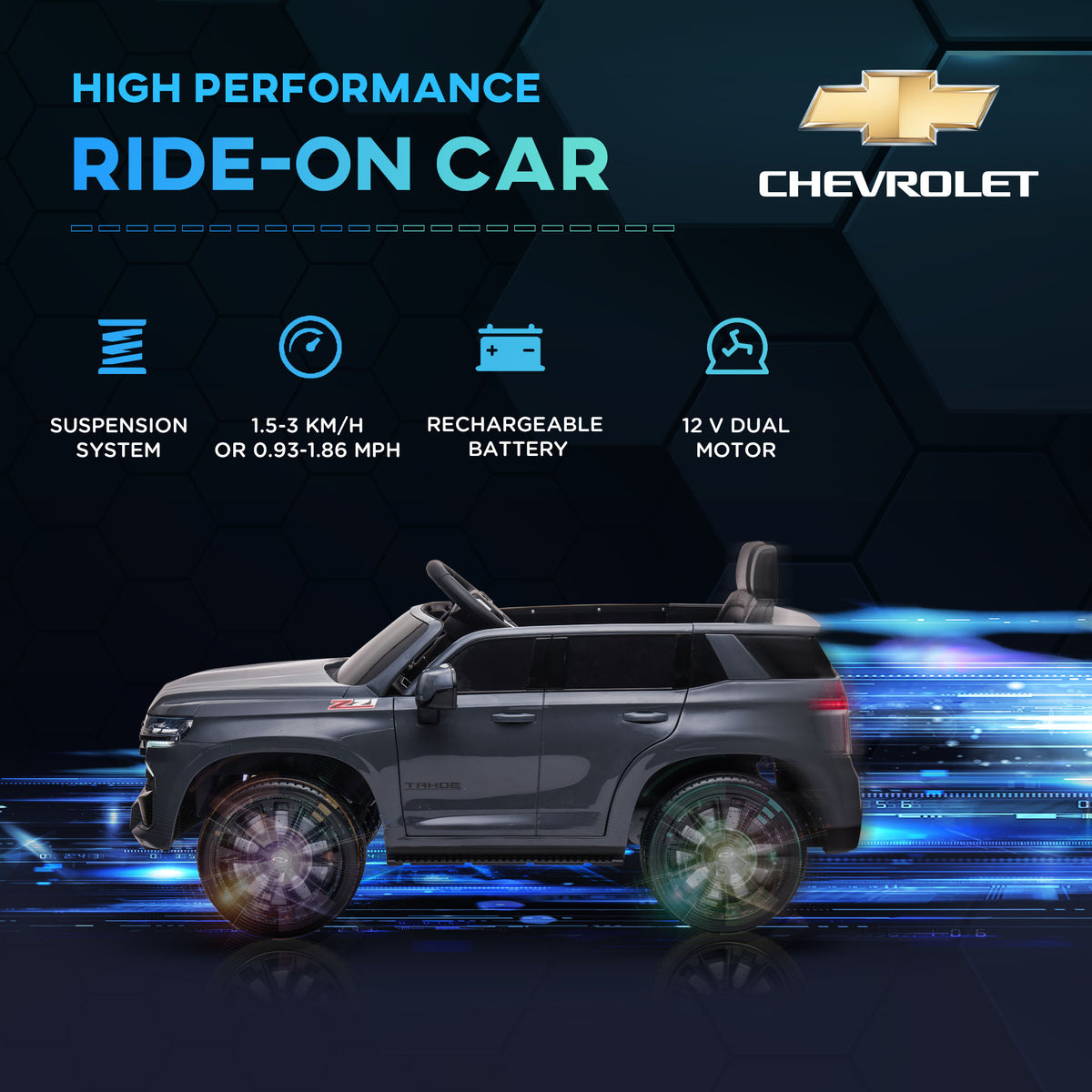 Aosom Chevrolet Tahoe Licensed Kids Ride On Car, 12V Battery Powered Kids Electric Car With Remote Control, Music, Lights, Horn, Suspension For 3 6 Years Old, Gray Grey Plastic