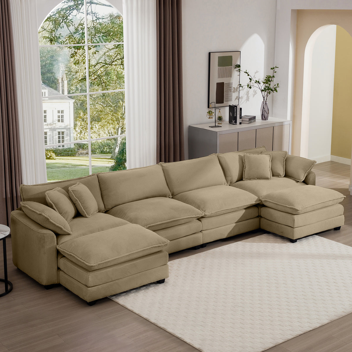 Corduroy Sofamodern Upholstered 4 Seater With 3 Footstools Corduroy Fabric Sofaoffice Living Room Apartment Comfortable Sofa, Easy To Assemble With 2 Arm Pillows And 4 Throw Pillows Tan Corduroy 4 Seat