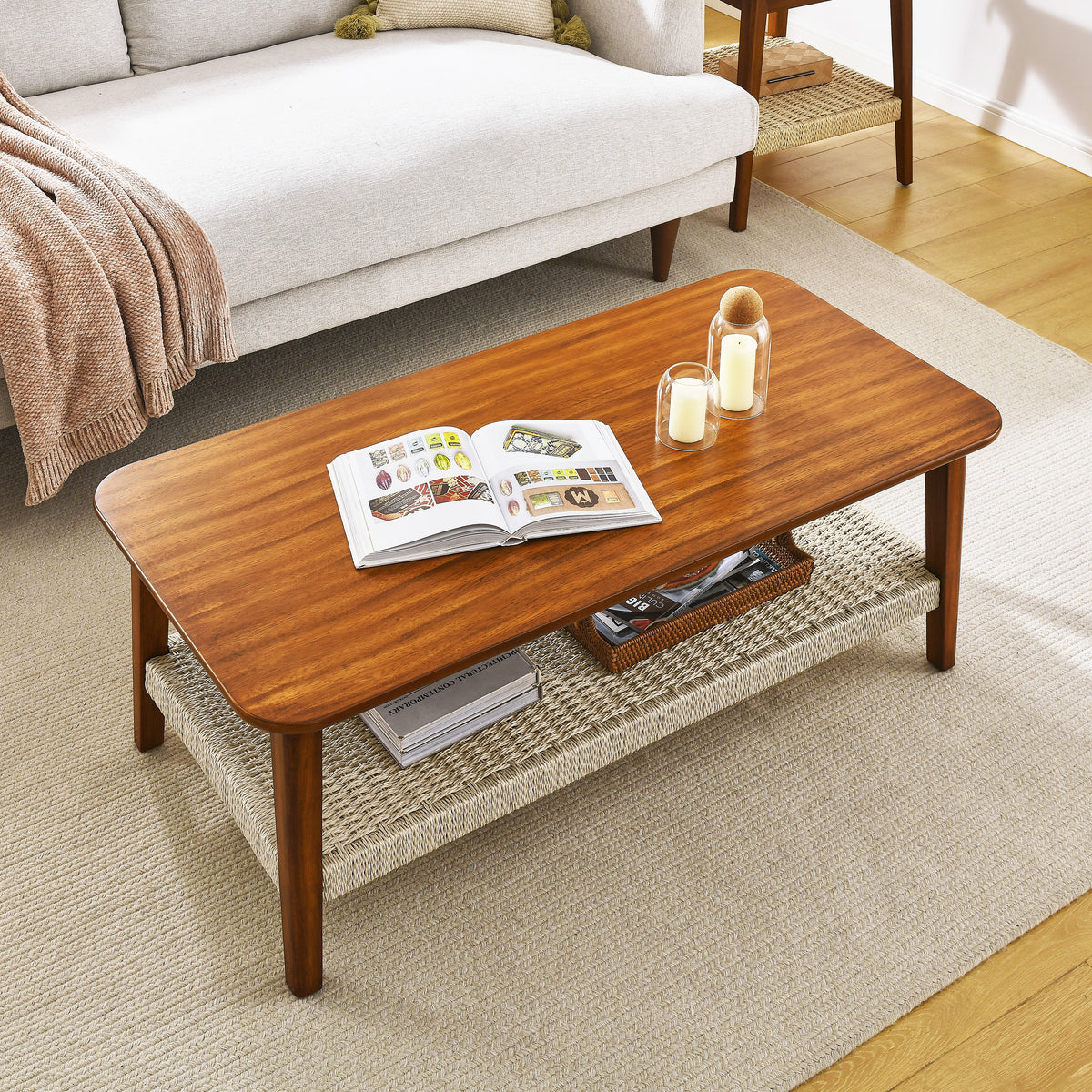 47.25" Mid Century Coffee Table With Woven Shelf, Boho Rattan Coffee Table With Storage, Farmhouse Wood Low Rectangle Tea Table For Living Room Couch Bedroom Patio Home Office Walnut Mdf