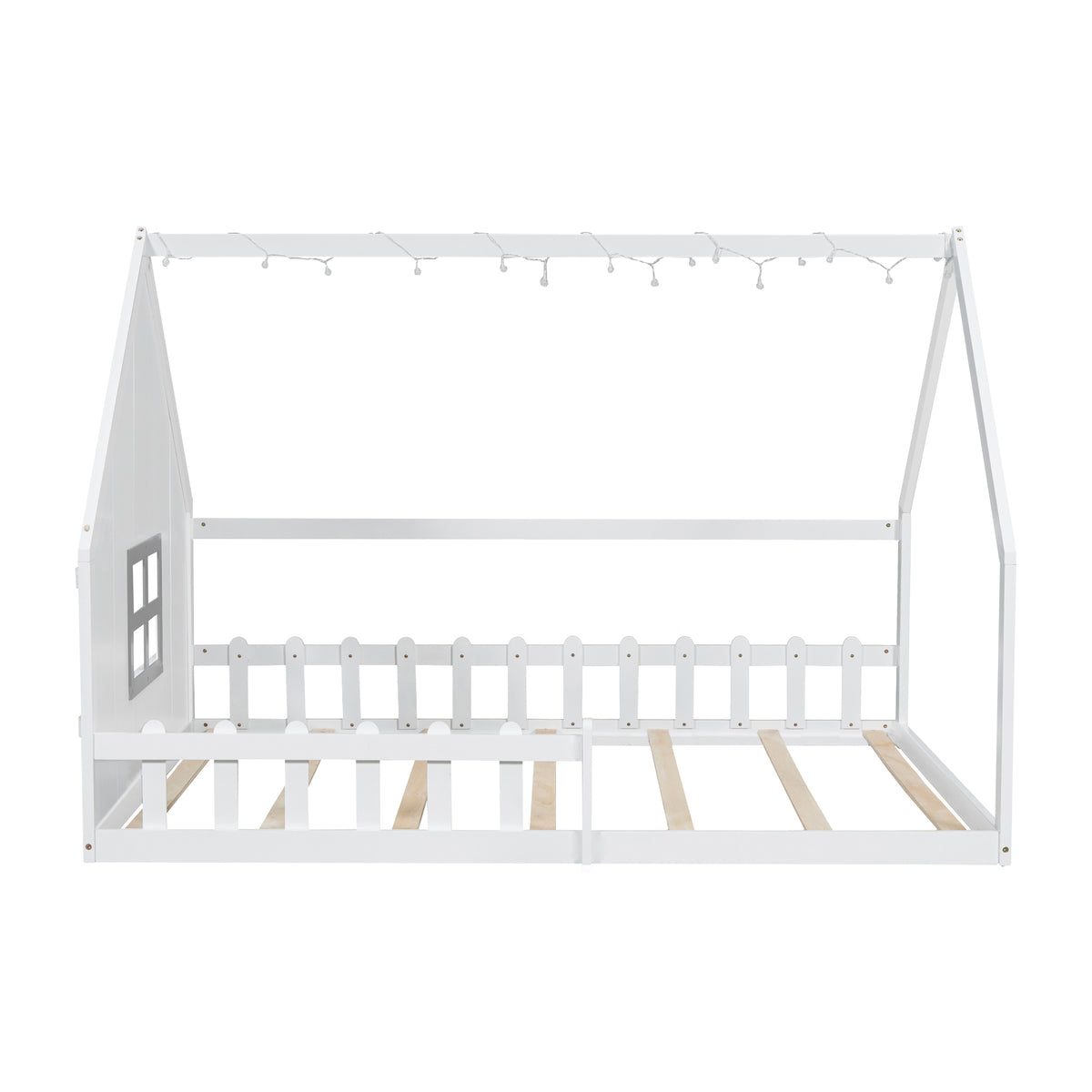 Full Size Wood House Bed With Window And Fence, White Old Sku: Wf304147Aak Box Spring Not Required Full White Wood Bedroom Pine Bed Frame Solid Wood Mdf