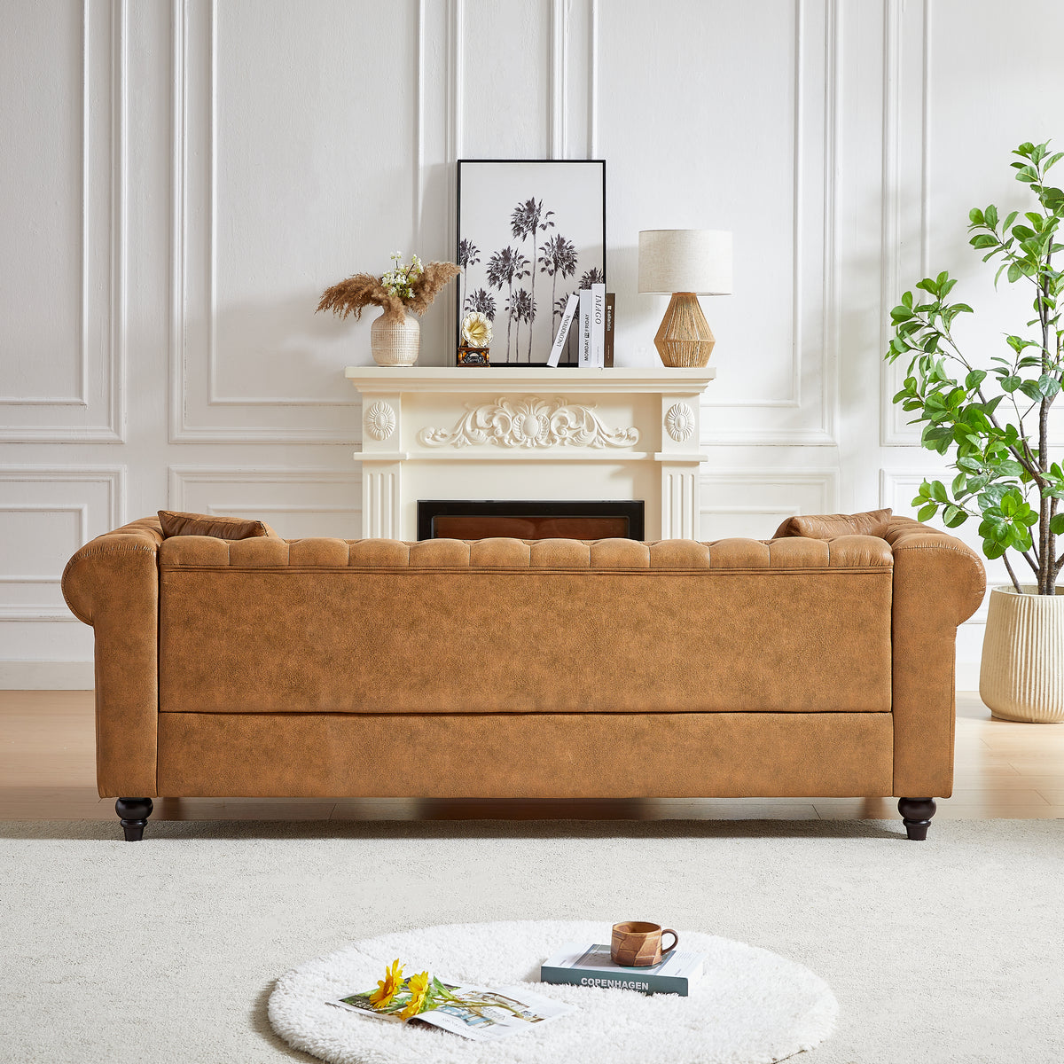 Fx 85.5"Living Room With Tech Fabric Chesterfield Sofa With Rolled Arms 3 Seater Sofa With Button Design And 2 Cushions For Apartment, Office, Living Room Brown Polyester Wood Primary Living Space Pine Foam Fabric 3 Seat