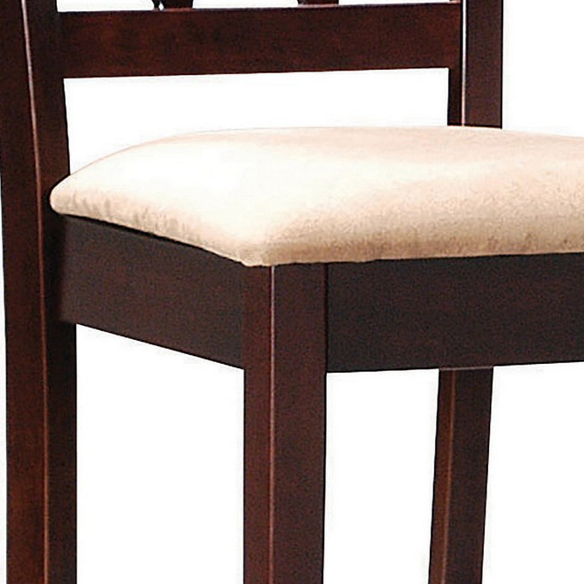 25 Inch Counter Height Stool, Lattice Design Back, Tan Fabric Seat, Brown Tan Solid Wood