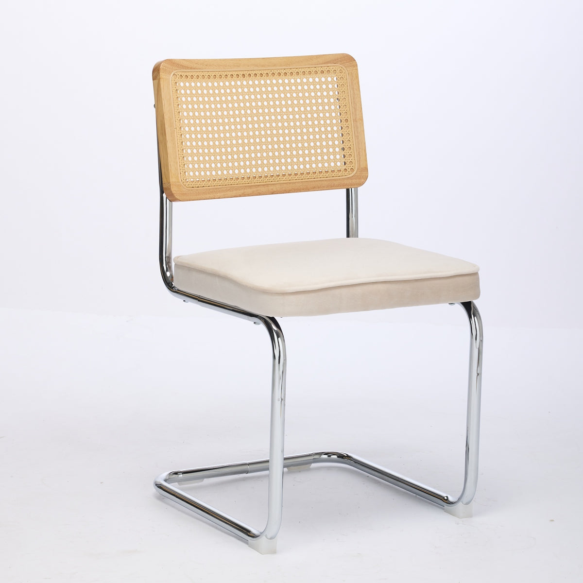 Mid Century Modern Dining Chairs Set Of 2, Velvet Accent Chairs With Natural Cane Back & Stainless Chrome Base, Famous Breuer Designed Chairs, Upholstered Rattan Kitchen Chairs,Beige Beige Dining Room Classic Dining Chairs Rubberwood Set Of 2 Foam Velvet