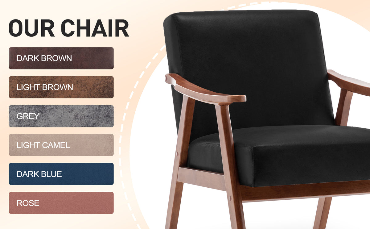 Mid Century Modern Chair, Living Room Chair With Solid Wood Frame, Accent Chair Extra Thick Backrest, Wingback Chair For Bedroom, Reading Room, Living Room, Lounge Chair Indoor Black Pu Primary Living Space Mid Century Modern Foam Pu Leather