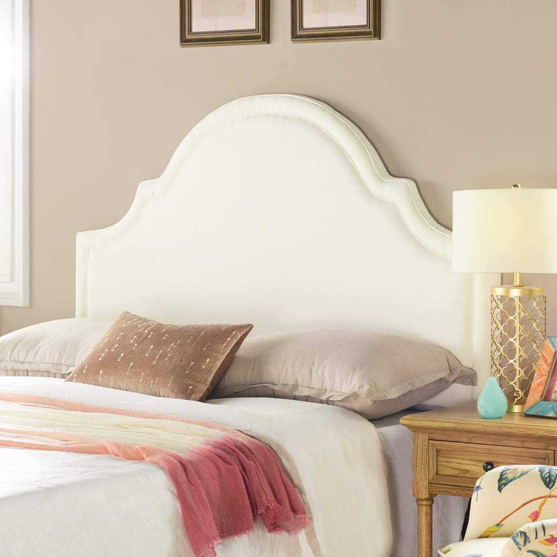 Catherine Upholstered Queen Headboard, Antique White Woven Antique White Foam Fabric