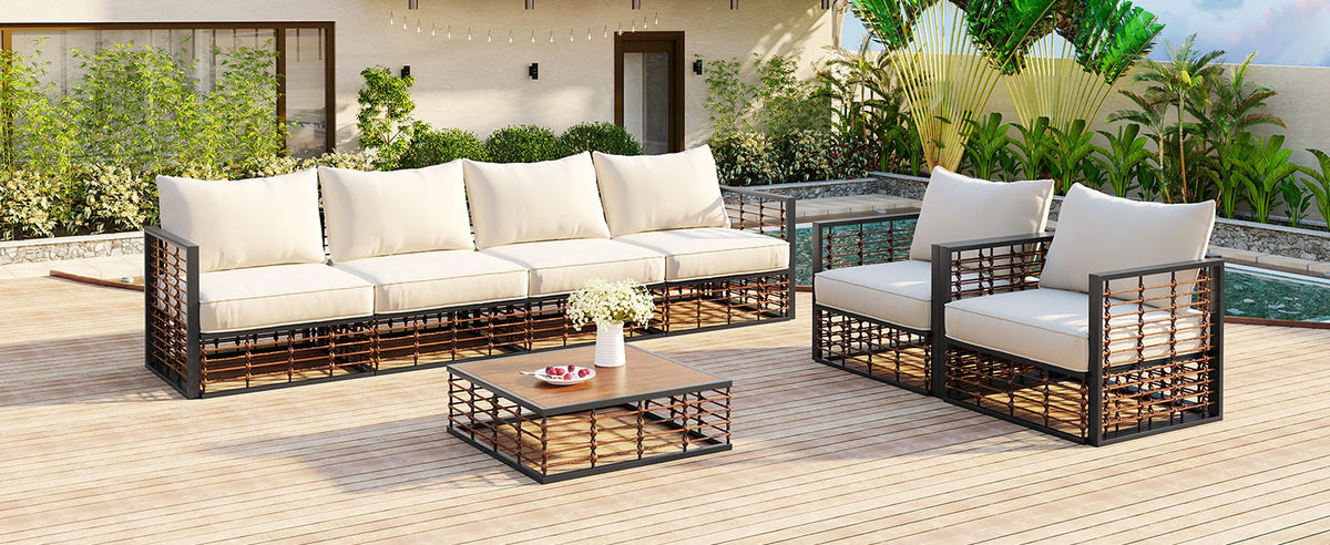 Modern Minimalist 7 Piece Metal Patio Sectional Sofa Set, All Weather Garden Conversational Furniture Set With Thick Cushions And Coffee Table For Indoor Outdoor, Gray Yes Deep Seating White Weather