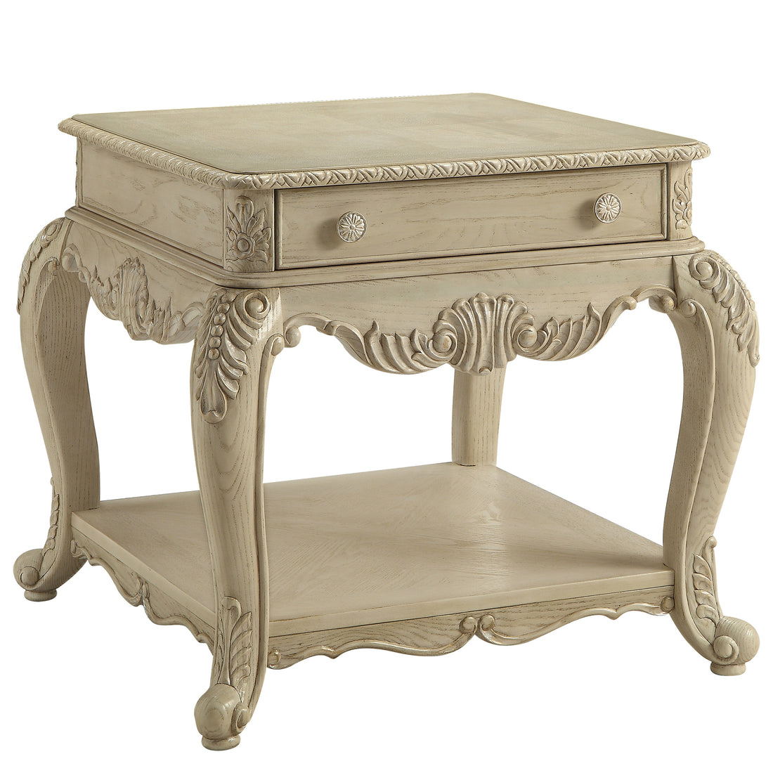 Antique White End Table With Bottom Shelf White Primary Living Space Drawers Rectangular Mdf