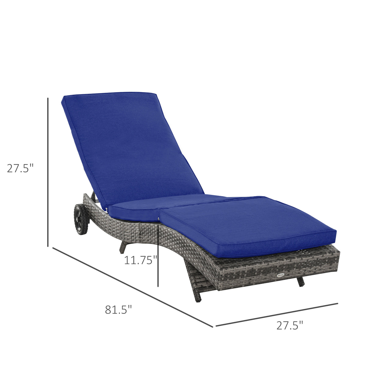 Outsunny Chaise Lounge Pool Chair, Outdoor Pe Rattan Cushioned Patio Sun Lounger W 5 Level Adjustable Backrest & Wheels For Easy Movement, Wicker, Dark Blue Blue Steel