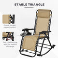 Outsunny 2 Pieces Outdoor Rocking Chairs, Foldable Reclining Zero Gravity Lounge Rocker With Pillow, Cup & Phone Holder, Combo Design With Folding Legs, Beige Beige Steel