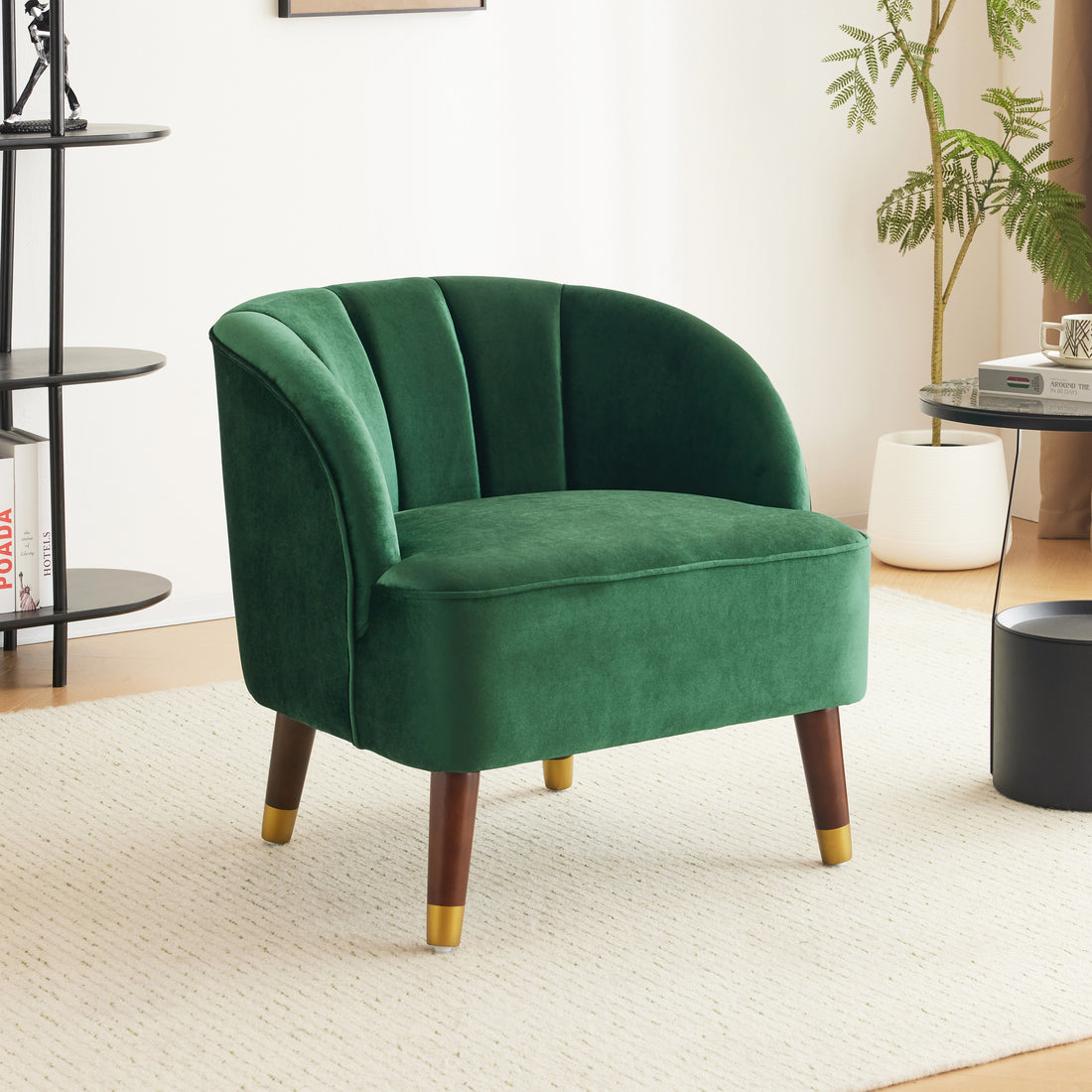 Upholstered Barrel Accent Chair With Wooden Legs Emerald Rubberwood Velvet