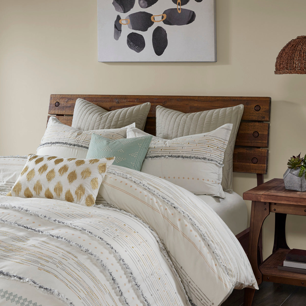 Cotton Printed Duvet Cover Set With Trims Queen Multicolor Cotton