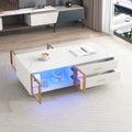 Modern White Coffee Table With 2 Glass Door Storage, 4 Drawers, Gold Metal Legs, And Multi Color Lighting In 47.2'' White Drawers Mdf
