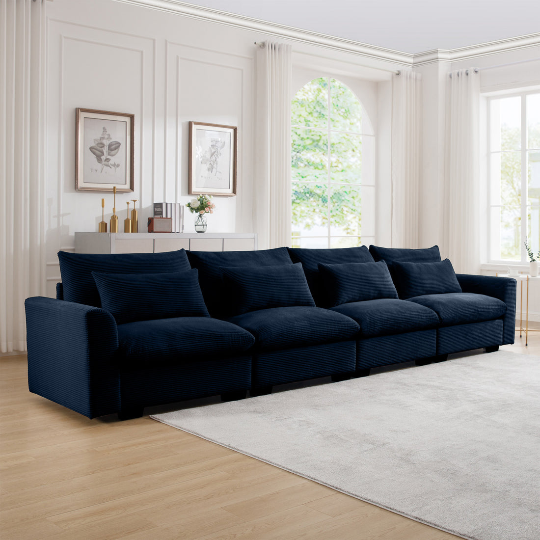 4 Seater Deep Seat Couches For Living Room, Comfy Blue Corduroy Sofas For Living Room Modern With 4 Waist Pillows Blue Corduroy 4 Seat