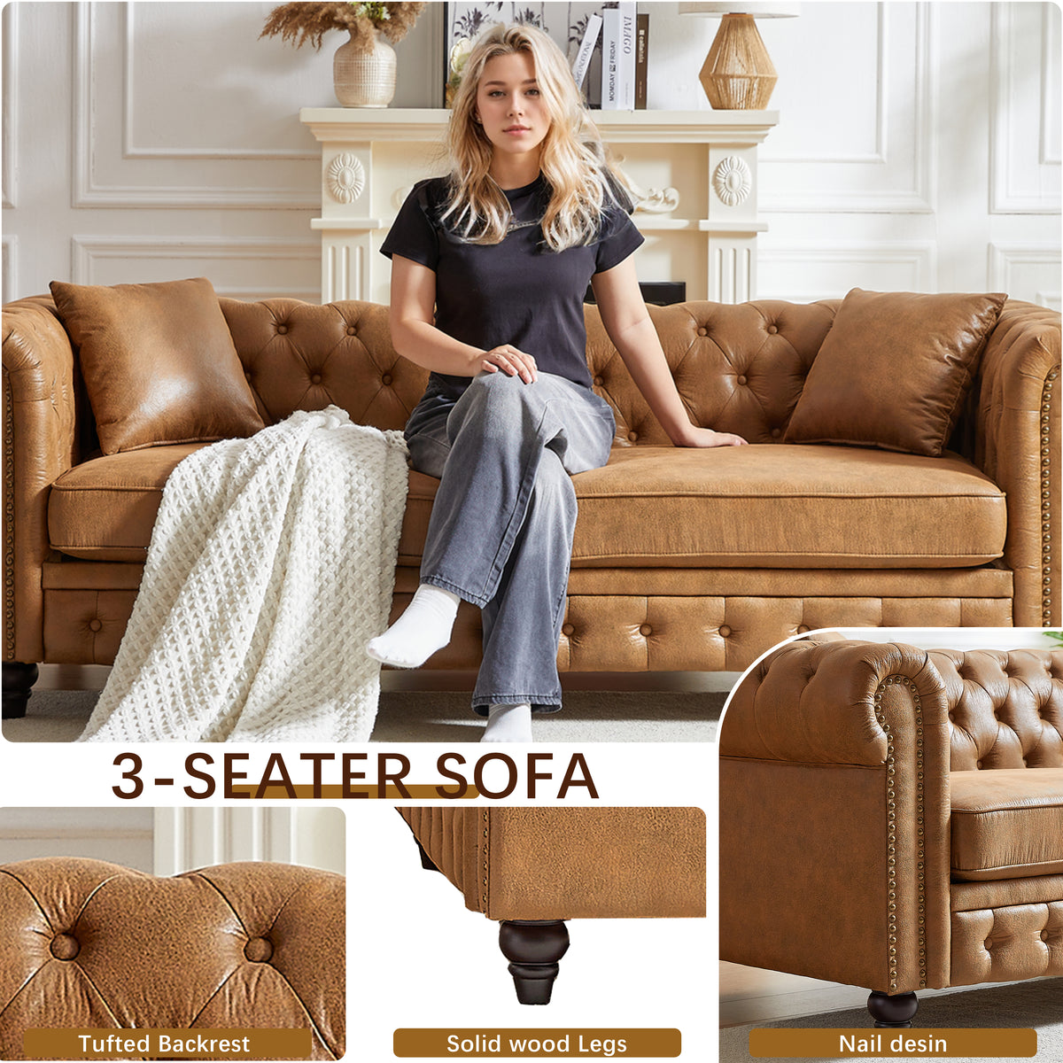 Fx 85.5"Living Room With Tech Fabric Chesterfield Sofa With Rolled Arms 3 Seater Sofa With Button Design And 2 Cushions For Apartment, Office, Living Room Brown Polyester Wood Primary Living Space Pine Foam Fabric 3 Seat