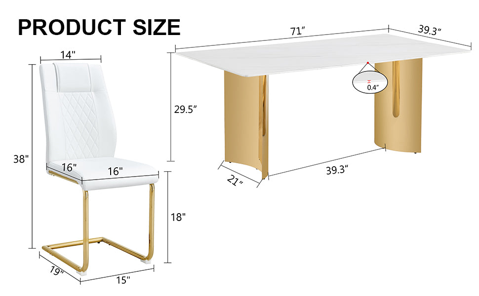 Table And Chair Set.The Table Has A Glass Tabletop With Imitation Marble Pattern Stickers And Stainless Steel Golden Table Legs. Paried With Comfortable Chairs With Pu Seats And Metal Legs. White Gold Seats 6 Glass Metal